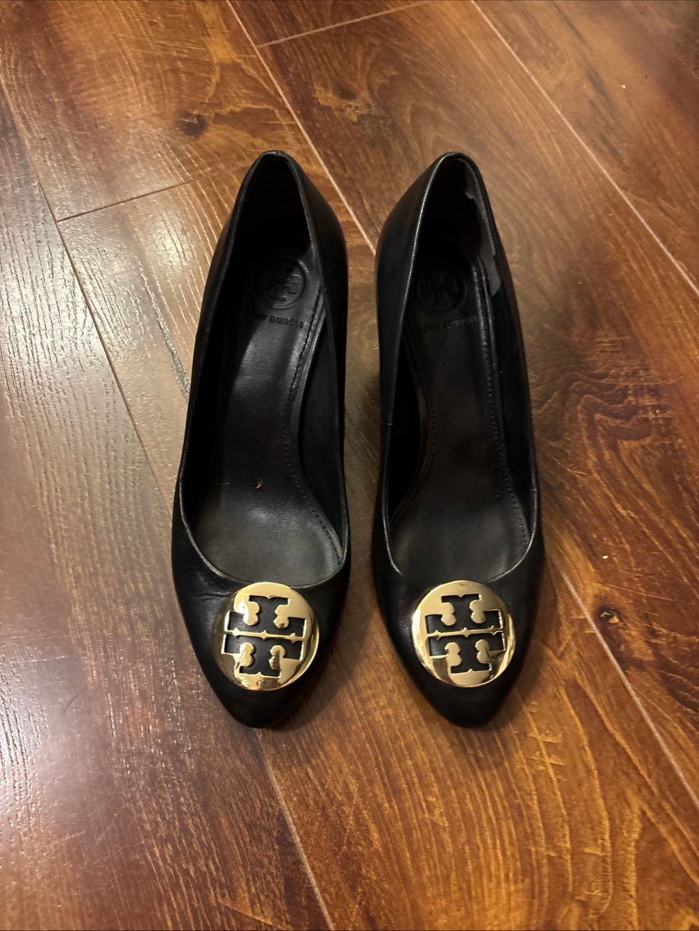 Gorgeous Tory Burch: black wedge with gold logo. Size 6M Org. 295.00